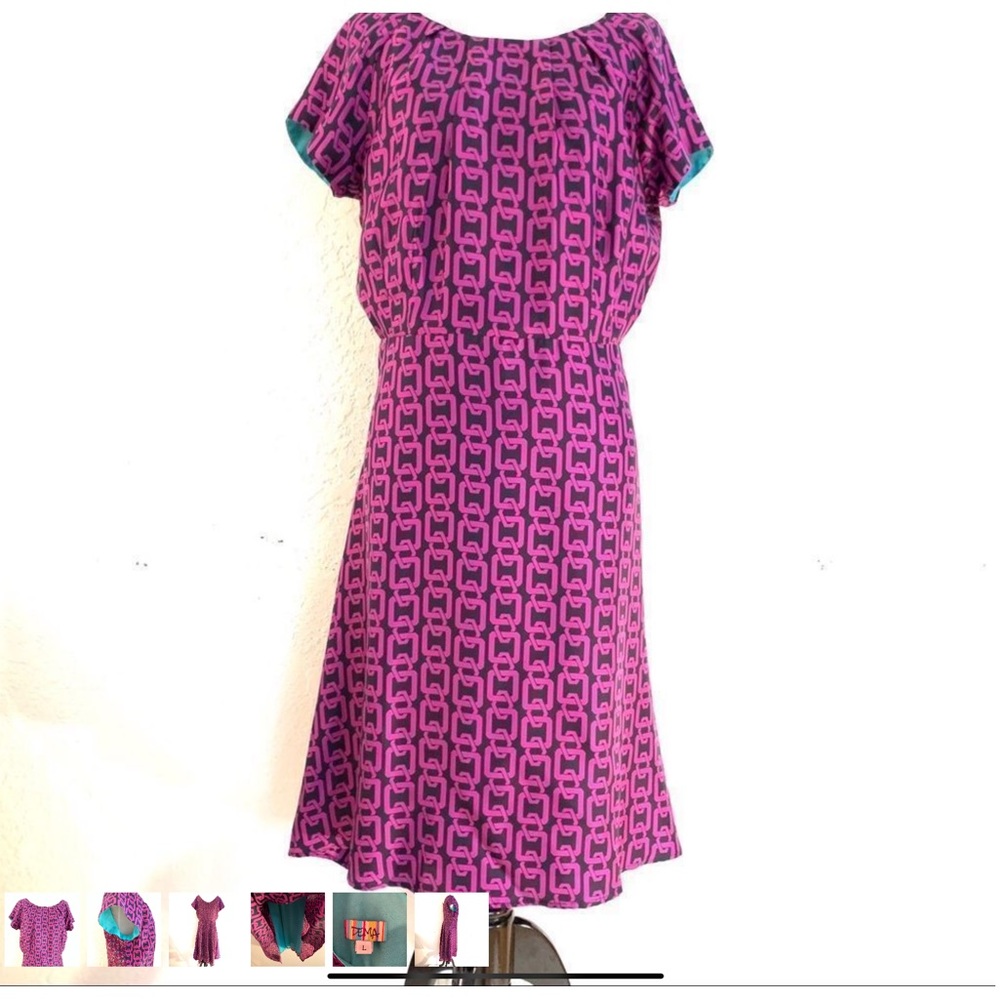 Dema 100% Silk Retro Style Dress Fuchsia Turquoise